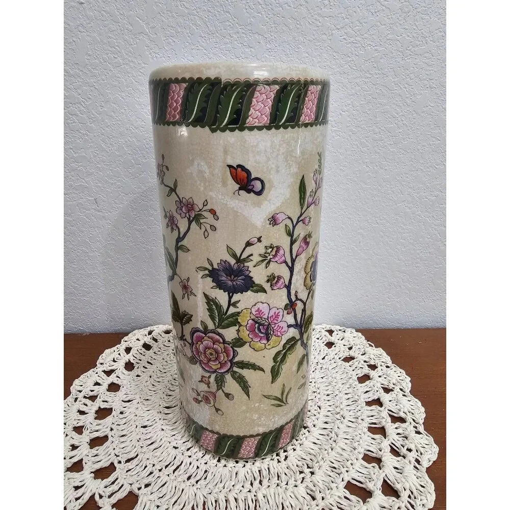 Asian‎ Porcelain Cylindrical Vase Vintage Garden Ridge 12